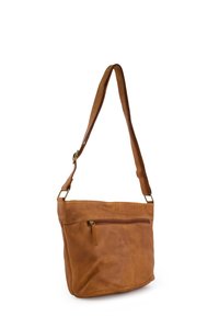 Brown leather handbag with a soft, textured finish. Features a long adjustable strap and a front zip pocket. Minimalist design.