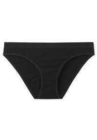 Sort bomuldsbikiniundertøj med en glat tekstur, lavtaljet design og minimale syninger. Elastisk talje og benåbninger.