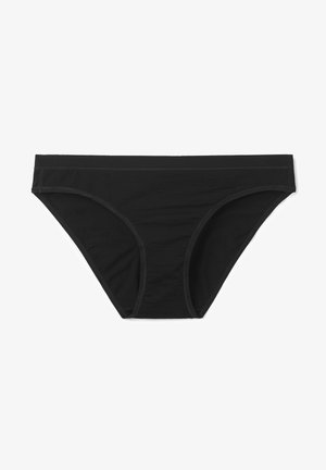 Sort bomuldsbikiniundertøj med en glat tekstur, lavtaljet design og minimale syninger. Elastisk talje og benåbninger.