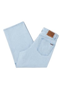 Jean en denim bleu clair avec une coupe droite, une étiquette en cuir sur la taille arrière et une poche arrière unique avec étiquette.