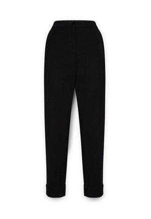 Schwarze Hose aus weichem Stoff, mit geradem Schnitt, Knopfverschluss und umgeschlagenen Säumen an den Knöcheln. Einfaches Design ohne Muster.