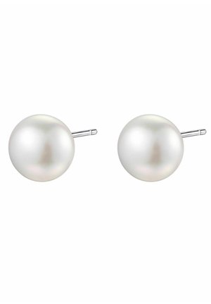 Round white pearl stud earrings with a smooth finish, featuring silver posts for secure wear. Simple and elegant design.
