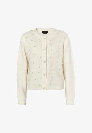 Cremefarbener Cardigan mit strukturiertem Strickmuster, der dekorative perlenartige Akzente sowie einen gerippten Saum und Ärmelbündchen aufweist. Fünf-Knopf-Verschluss auf der Vorderseite.
