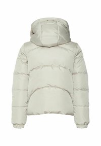 Pružná bunda ve světle béžové barvě, s prošívaným designem, kapucí a elastickými manžetami. Hladký, lesklý materiál s oblé tvary a detaily.