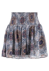 Hame pehmeillä kukka- ja rypytetyillä lanteilla. Valmistettu kevyestä kankaasta, jossa on tummansinistä, oranssia ja kermaista väriä kerrosrakenteessa.