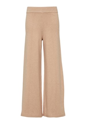 Pantalons larges beige en tissu doux, avec une taille haute et des coutures verticales pour un détail supplémentaire.