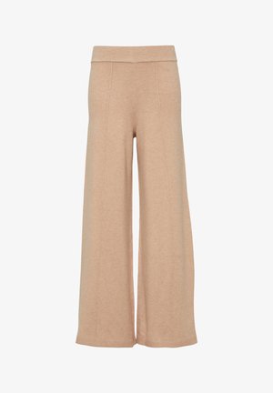 Beige Weitbein-Hosen aus weichem Stoff, mit einem hohen Bund und vertikalen Nähten für zusätzliche Details.