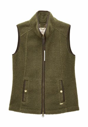 Olivgrüner Fleece-Weste mit hohem Kragen, Frontreißverschluss und braunen Akzenten. Sie verfügt über zwei Seitentaschen mit goldfarbenen Druckknöpfen.