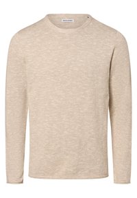 Maglione beige a maniche lunghe con scollo rotondo, realizzato in un tessuto testurizzato, con un motivo sottile e un piccolo logo sull'orlo del collo.