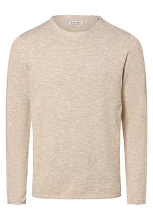 Maglione beige a maniche lunghe con scollo rotondo, realizzato in un tessuto testurizzato, con un motivo sottile e un piccolo logo sull'orlo del collo.