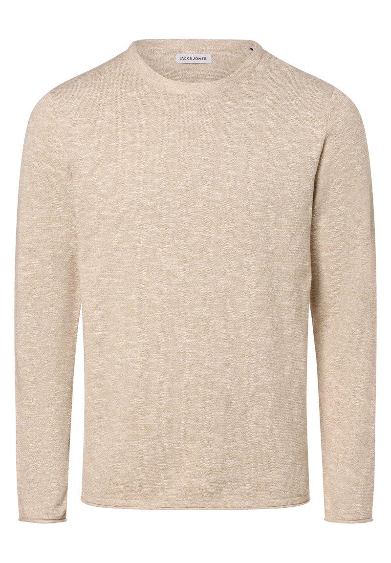 Maglione beige a maniche lunghe con scollo rotondo, realizzato in un tessuto testurizzato, con un motivo sottile e un piccolo logo sull'orlo del collo.