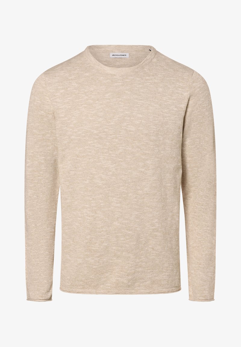 Maglione beige a maniche lunghe con scollo rotondo, realizzato in un tessuto testurizzato, con un motivo sottile e un piccolo logo sull'orlo del collo.
