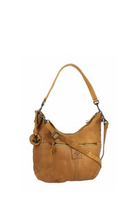 Borsa a spalla in pelle color cuoio con design morbido, tracolla regolabile, tasca frontale con zip e charm a forma di ancora attaccato. Texture liscia.