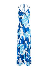 Mouwloze maxi-jurk in een blauw-wit bloemenpatroon. Gemaakt van lichte stof, met een V-halslijn en verstelbare strikbandjes.
