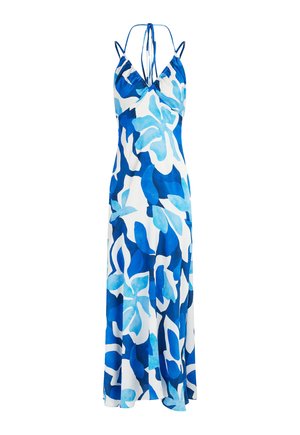 Robe maxi sans manches au motif floral bleu et blanc. Fabriquée en tissu léger, elle présente un décolleté en V et des bretelles réglables.