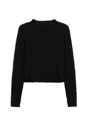 Pulover negru pufos cu guler rotund, mâneci lungi și un design scurt. Textura pare moale și pufoasă în întregime.