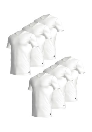 Set di sei t-shirt bianche in cotone con maniche corte e scollo a V. Presentano un accento del logo nero sul lato sinistro in basso.