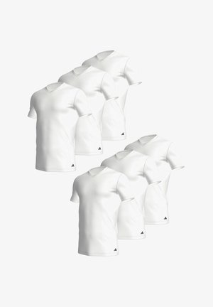 Set aus sechs weißen Baumwoll-T-Shirts mit kurzen Ärmeln und V-Ausschnitt. Mit einem schwarzen Logo-Akzent auf der unteren linken Seite.
