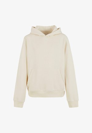 Felpa con cappuccio beige con tasca anteriore, polsini e orlo a costine, realizzata in tessuto morbido. Presenta una vestibilità rilassata e un design minimale.