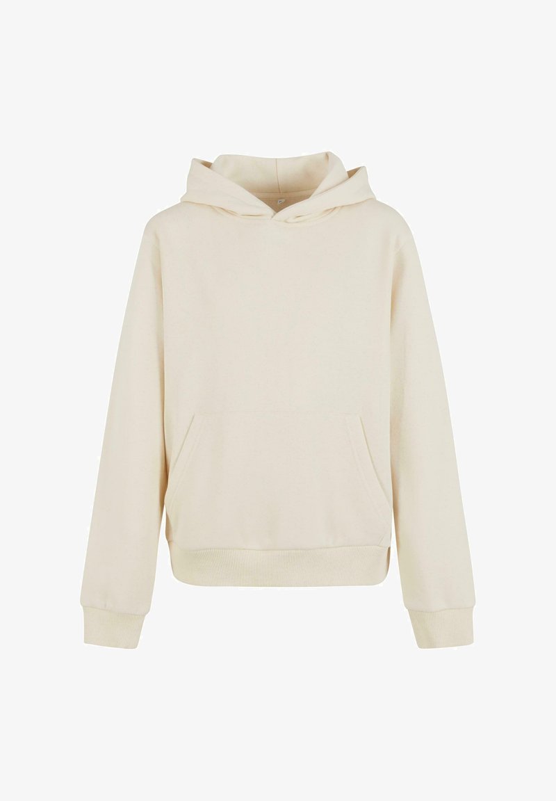 Beige hoodie met een voorzak, geribbelde manchetten en tailleband, gemaakt van zachte stof. Heeft een relaxed fit en een minimalistisch ontwerp.