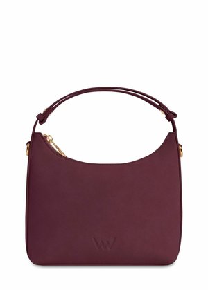 Burgundy leather handbag with a curved design. Features a top handle and gold-tone zipper. Smooth texture with minimal branding.