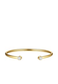 Bracelet en métal doré avec des embouts en forme de capuchon, ornés de pierres semi-transparentes rondes, affichant un design épuré et minimaliste avec une finition polie.