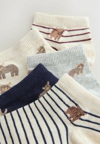 Stapeltje van vijf enkelsokken in crème, grijs en marineblauw met koeienpatronen en marineblauwe of bordeauxrode strepen op een witte achtergrond.