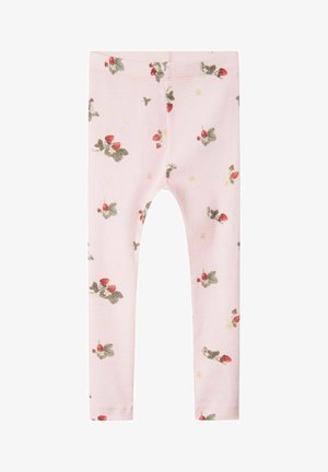 Leggings rose en côtes avec un motif floral composé de fraises et de feuilles vertes. Taille élastique, texture douce.