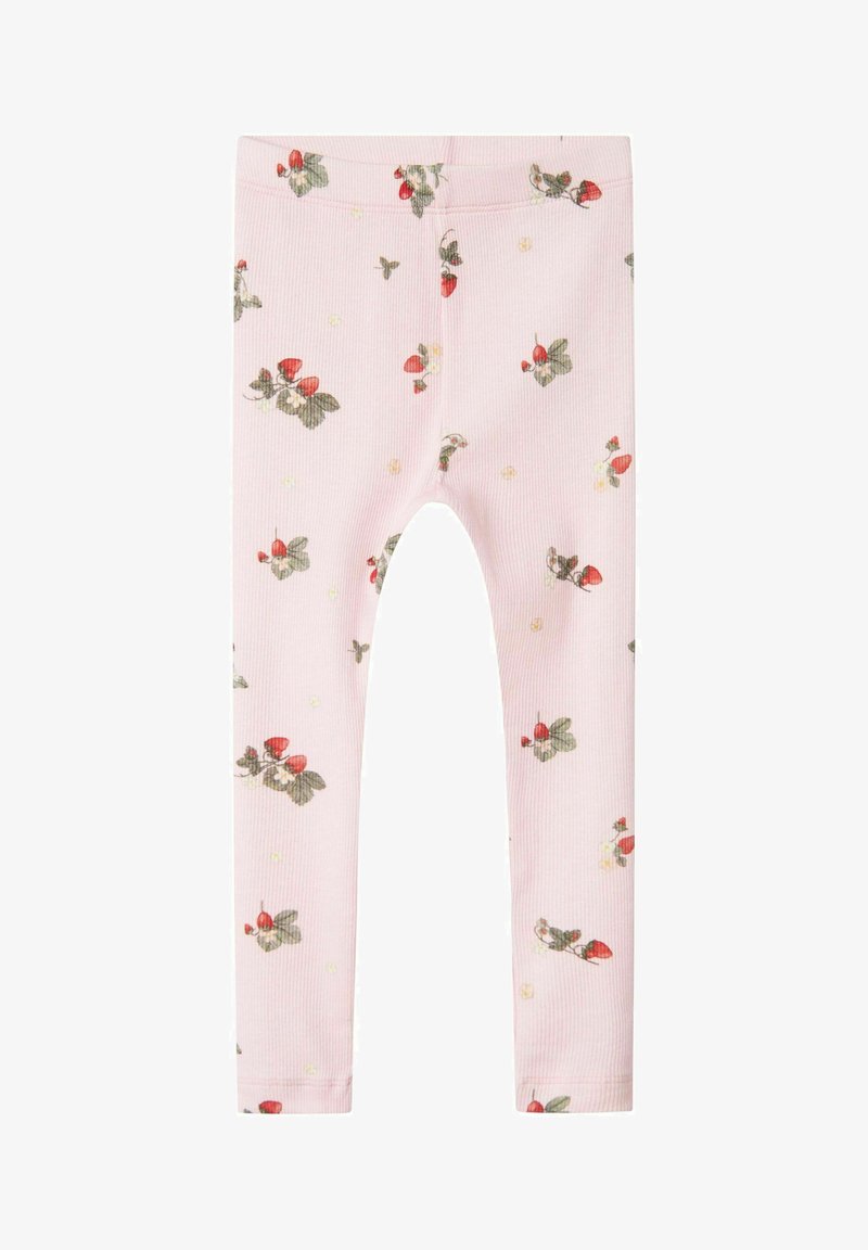 Růžové proužkované legíny s květinovým vzorem obsahujícím jahody a zelené listy. Elastický pas, měkká textura.