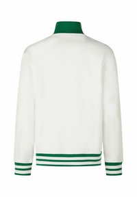 Witte jas met een groene kraag, voorzien van groene en witte gestreepte manchetten. Gladde textuur en casual pasvorm. Achteraanzicht weergegeven.