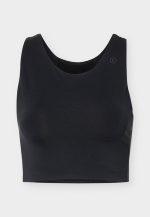Sort ærmeløs crop top med rund halsudskæring, glat stof og subtilt rundt logo nær venstre skulder.