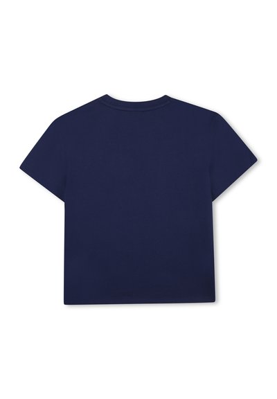 T-shirt en coton bleu marine à manches courtes, col rond, et coupe décontractée. Design uni sans motifs ni accents.