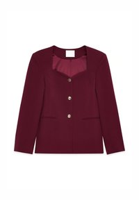 Burgundy blazer with a square neckline, five front buttons, two front pockets, and smooth fabric texture. Tailored design with structured shape.