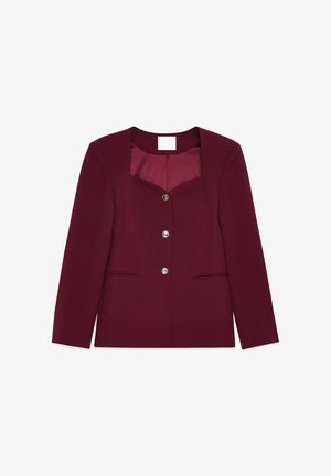 Burgunderfarvet blazer med firkantet udskæring, fem forreste knapper, to forreste lommer og glat stofstruktur. Skræddersyet design med struktureret form.