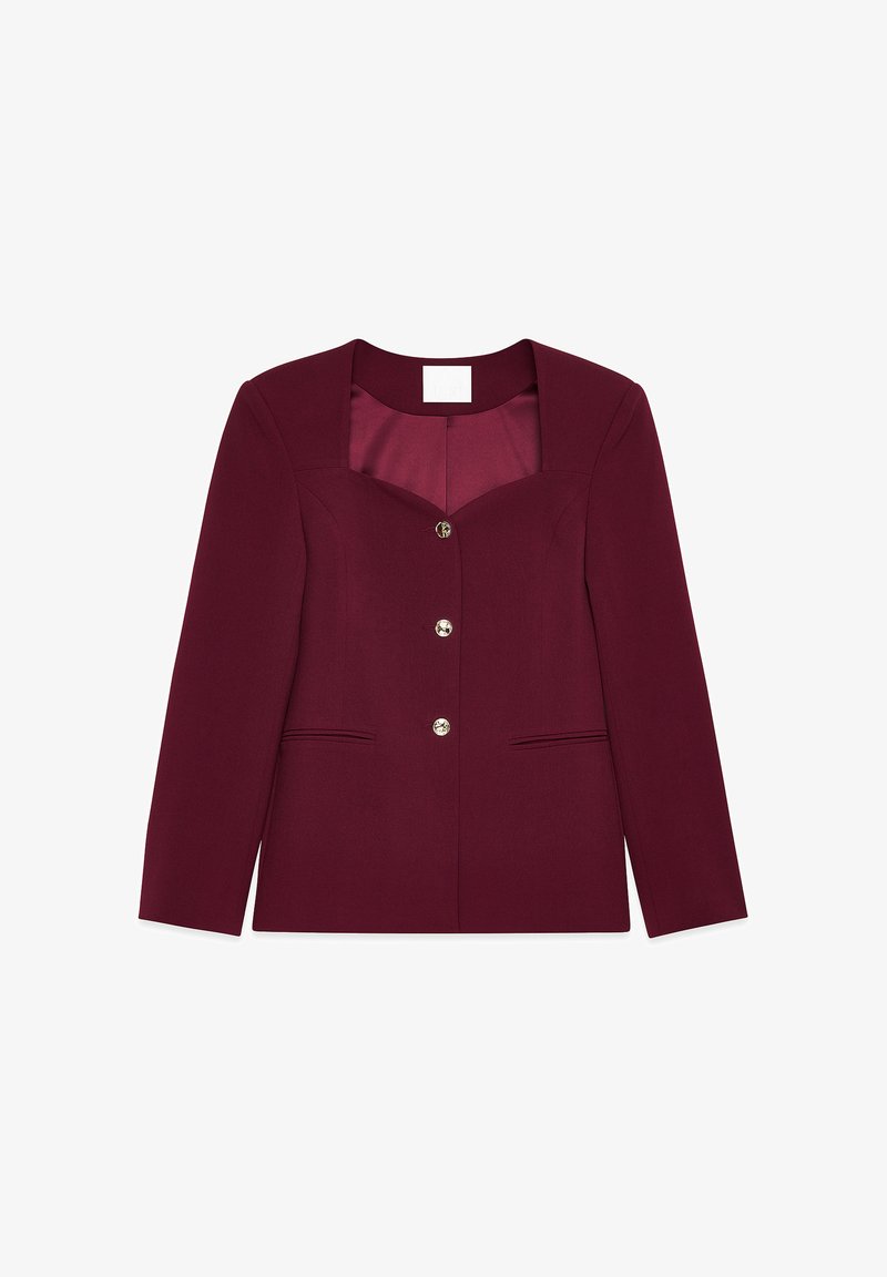 Blazer bordeaux con scollatura quadrata, cinque bottoni frontali, due tasche anteriori e texture di tessuto liscia. Design sartoriale con forma strutturata.