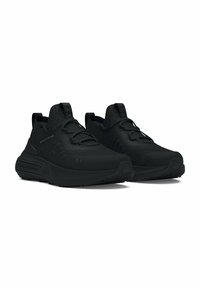 Chaussures de sport noires avec un dessus en tricot, des accents texturés et des lacets. Présente une semelle rembourrée avec un logo au niveau du talon et de la languette.