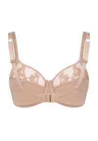 Beżowy biustonosz z regulowanymi ramiączkami, zapięciem z przodu na haftki oraz półprzezroczystą koronką na górnych częściach miseczek dla dekoracyjnego wsparcia.