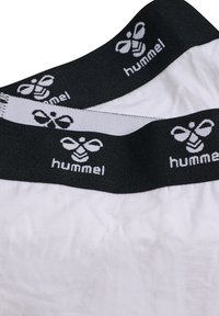 Vita underkläder med en svart elastisk midjeresår som har en vit logotyp med texten "hummel". Slät textur, standard form på briefsen.