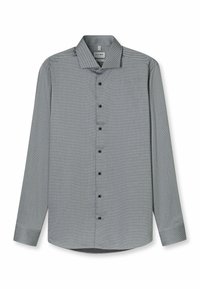 Langärmliges Hemd mit Knopfleiste in schwarz-weißem Mikro-Muster. Verfügt über einen spitzen Kragen und schwarze Knöpfe, mit kontrastierenden Details an den Manschetten.