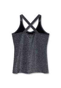 Mouwloze glinsterende zwarte tanktop met gekruiste bandjes op de rug, ontworpen voor een strakke, stijlvolle look.