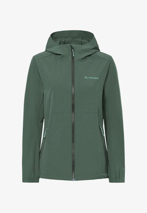 Grüne Kapuzenjacke mit Frontreißverschluss, zwei seitlichen Reißverschlusstaschen, elastischen Bündchen und VAUDE-Logo auf der linken Brust.