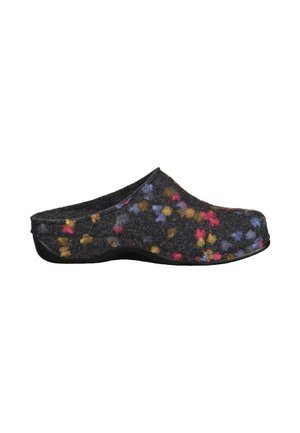 Dunkelgrauer Slip-On-Hausschuh mit mehrfarbigen kleinen Blumenmustern und schwarzer Sohle, von der Seite gezeigt.
