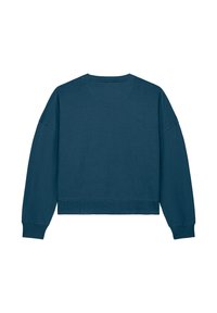 Teal cropped sweatshirt met lange mouwen, geribbelde manchetten en halslijn. Soepele textuur met een eenvoudig ontwerp en zonder zichtbare patronen of accenten.