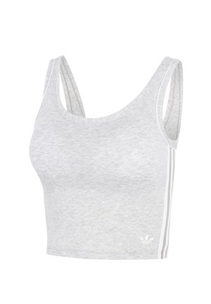 Světle šedý krátký top s tenkými dvojitými ramínky a třemi bílými pruhy na boku, logo Adidas na spodní levé straně.