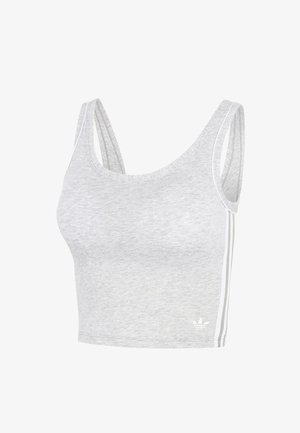 Světle šedý krátký top s tenkými dvojitými ramínky a třemi bílými pruhy na boku, logo Adidas na spodní levé straně.