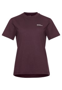 Bordeaux kleurig T-shirt met korte mouwen, gemaakt van zachte stof, met een ronde hals en een klein logo op de linkerkant van de borst. Soepele textuur. Casual pasvorm.