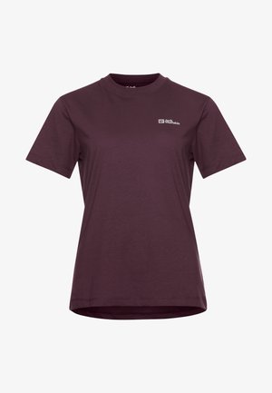 Bordeauxfarbenes T-Shirt mit kurzen Ärmeln aus weichem Stoff, mit Rundhalsausschnitt und kleinem Logo auf der linken Brust. Glatte Textur. Lässige Passform.