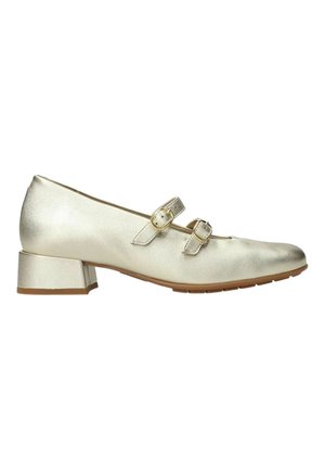 Chaussure Mary Jane à talon bas en or métallique avec deux sangles à boucles réglables et un bout arrondi, vue de profil.