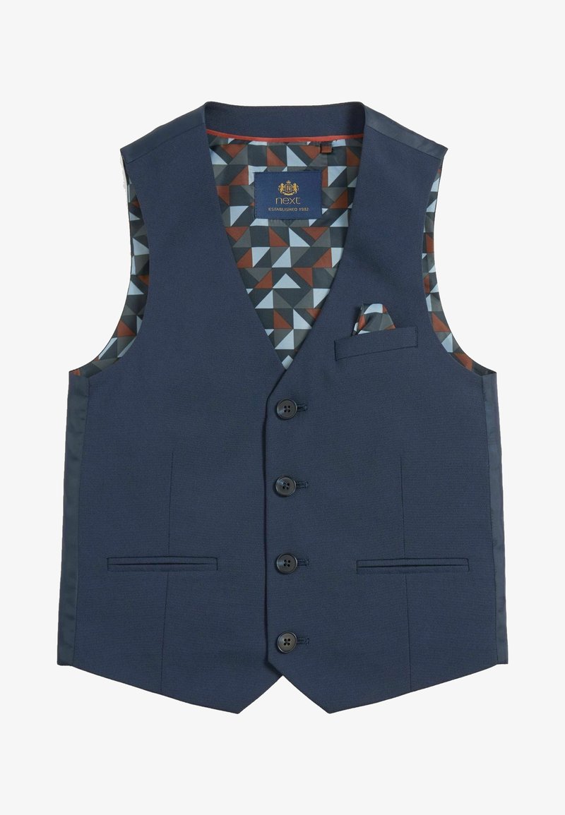 Gilet sans manches de couleur marine avec cinq boutons noirs, poches latérales et un intérieur à motif géométrique dans des tons de bleu, rouge et marron.