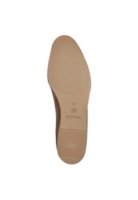 Brown leather shoe sole with a smooth finish, featuring a textured rubber grip and embossed logo. Size 37 is indicated on the sole.